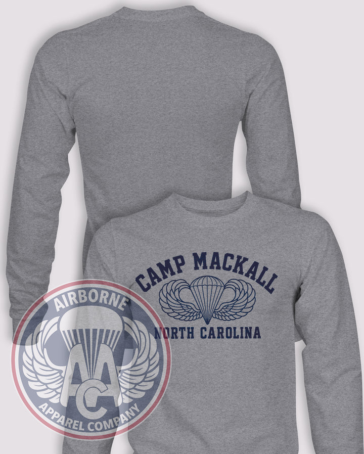 WWII Camp Mackall Reproduction Long Sleeve T-shirt in Heather Grey, front design with blank back and sleeves.