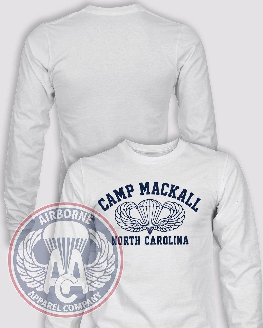 WWII Camp Mackall Reproduction Long Sleeve T-shirt in White, front design with blank back and sleeves.