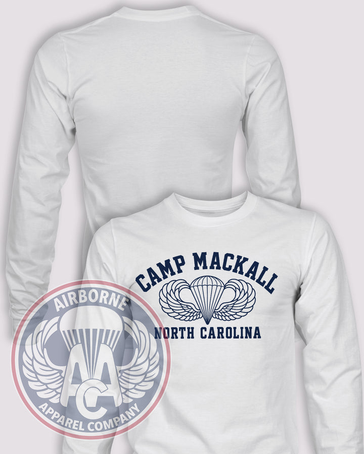 WWII Camp Mackall Reproduction Long Sleeve T-shirt in White, front design with blank back and sleeves.