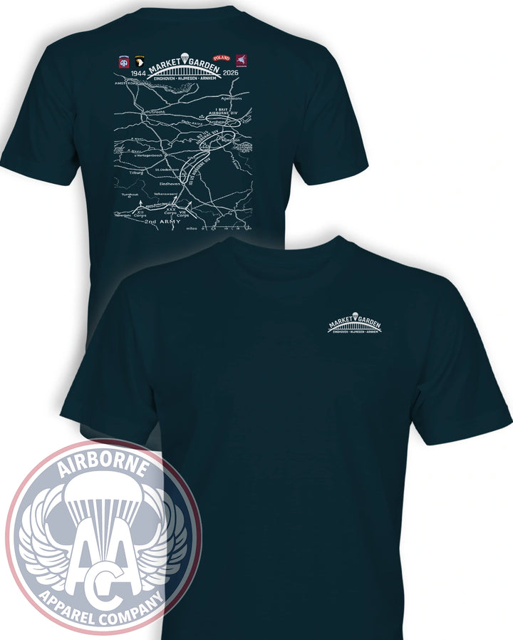 Market Garden 82nd Anniversary T-Shirt in Navy Blue, front chest logo and back campaign map honoring American, British, and Polish airborne forces