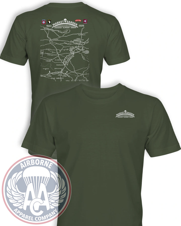 Market Garden 82nd Anniversary T-Shirt in Olive Drab, front chest logo and back campaign map honoring American, British, and Polish airborne forces