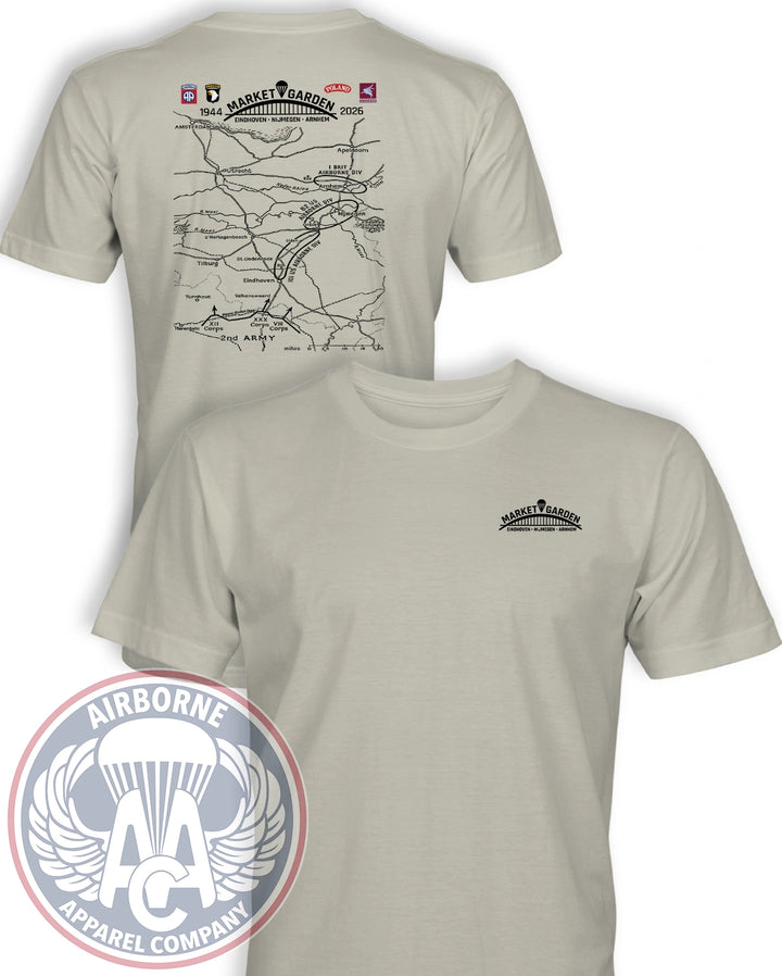 Market Garden 82nd Anniversary T-Shirt in Sand, front chest logo and back campaign map honoring American, British, and Polish airborne forces