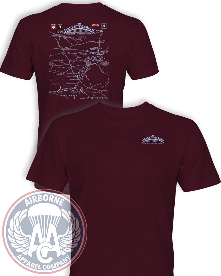 Market Garden 82nd Anniversary T-Shirt in Maroon, front chest logo and back campaign map honoring American, British, and Polish airborne forces
