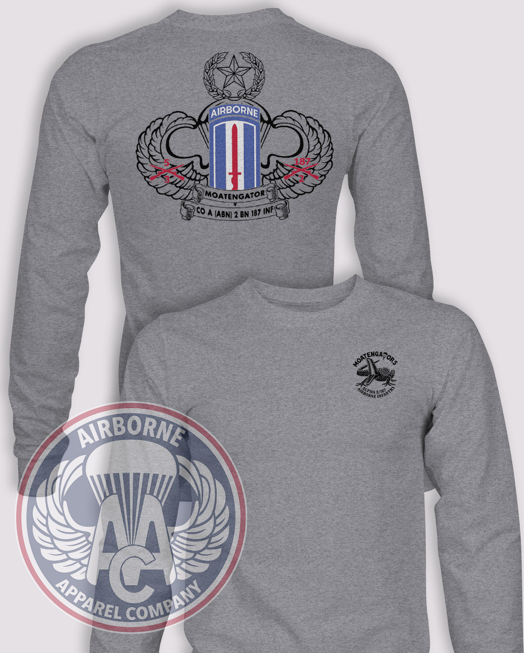 193rd Moatengators Long-Sleeve T-Shirt, Heather Grey, front and back views