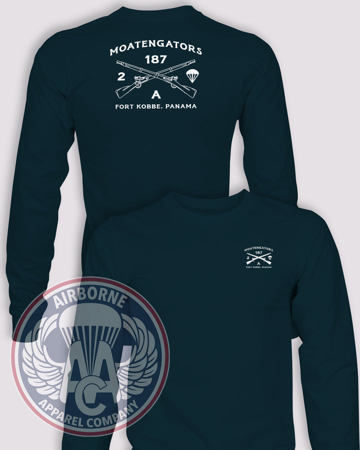 Moatengators Guidon Long-Sleeve T-Shirt, Navy Blue, front and back views