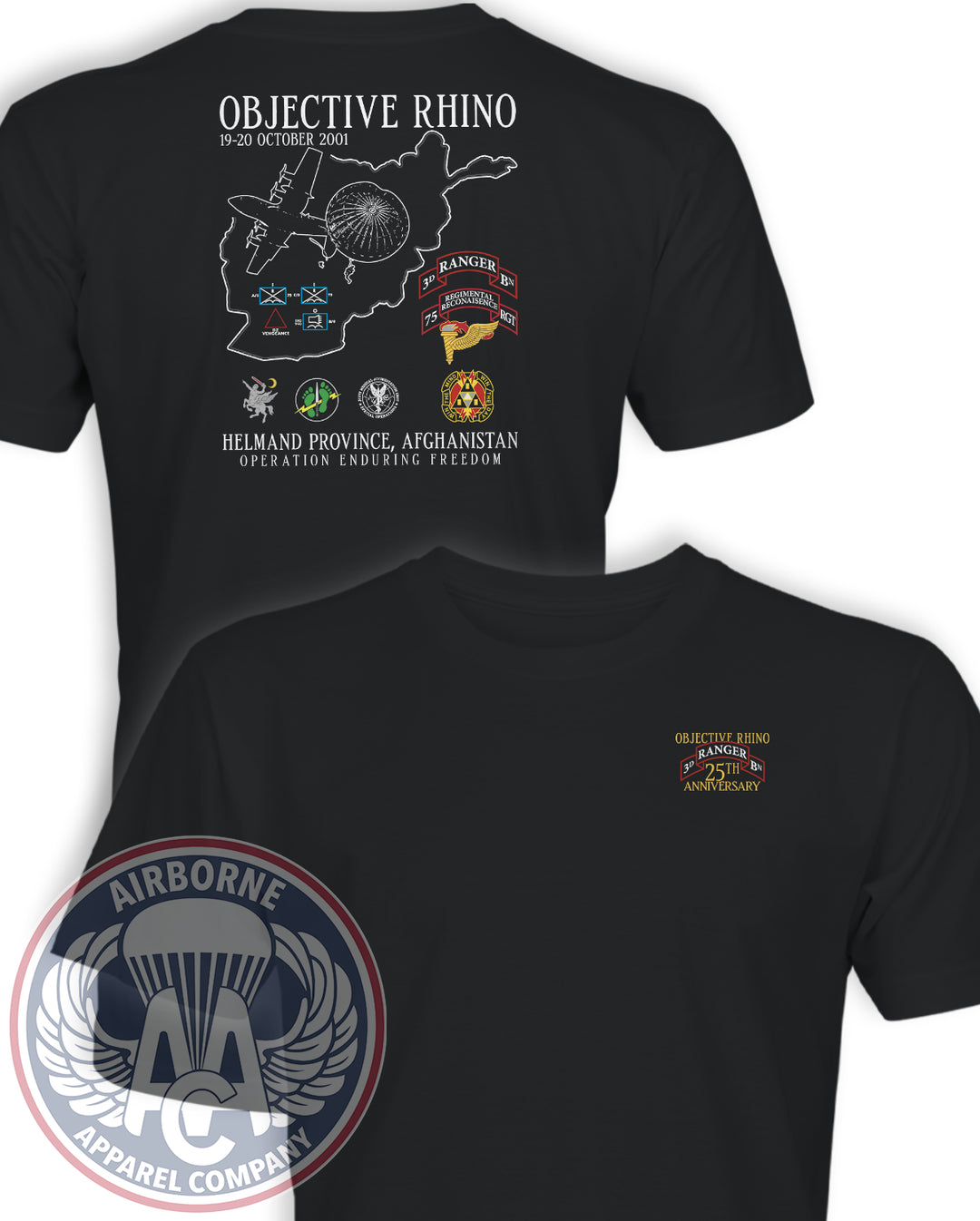 Objective Rhino 25th Anniversary T-Shirt, black, front and back with 75th Regiment reconnaissance scroll