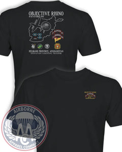 Objective Rhino 25th Anniversary T-Shirt, black, front and back with 75th Regiment reconnaissance scroll