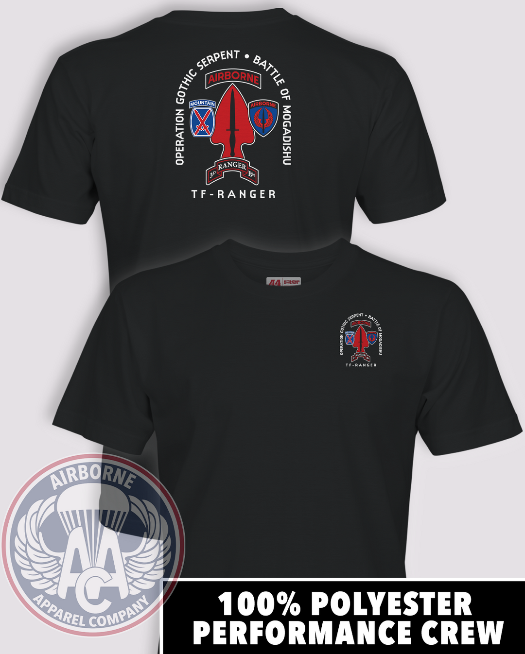 Operation Gothic Serpent Task Force Ranger insignia, Black A4 performance T-shirt, front and back