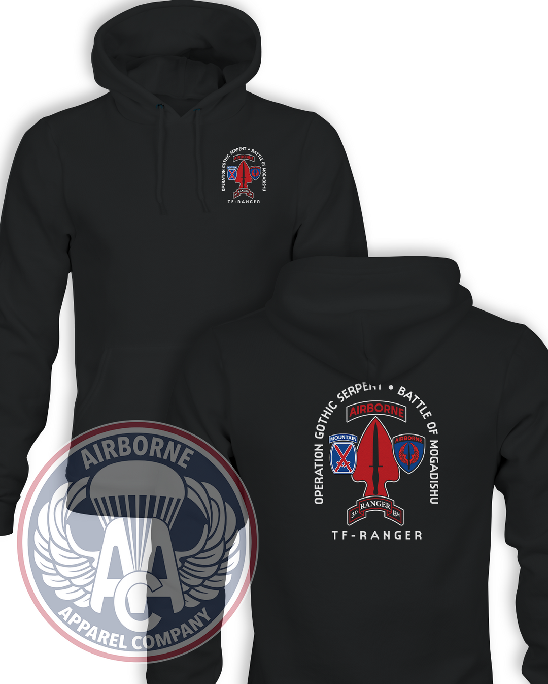 Operation Gothic Serpent Task Force Ranger hoodie front and back mockup