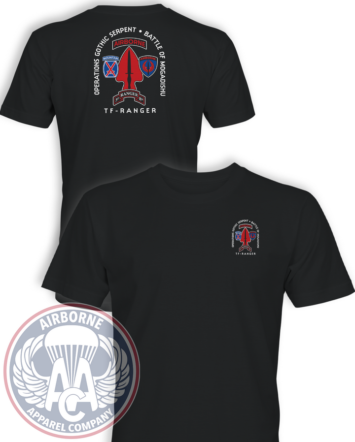 Operation Gothic Serpent Task Force Ranger Black T-shirt, front and back