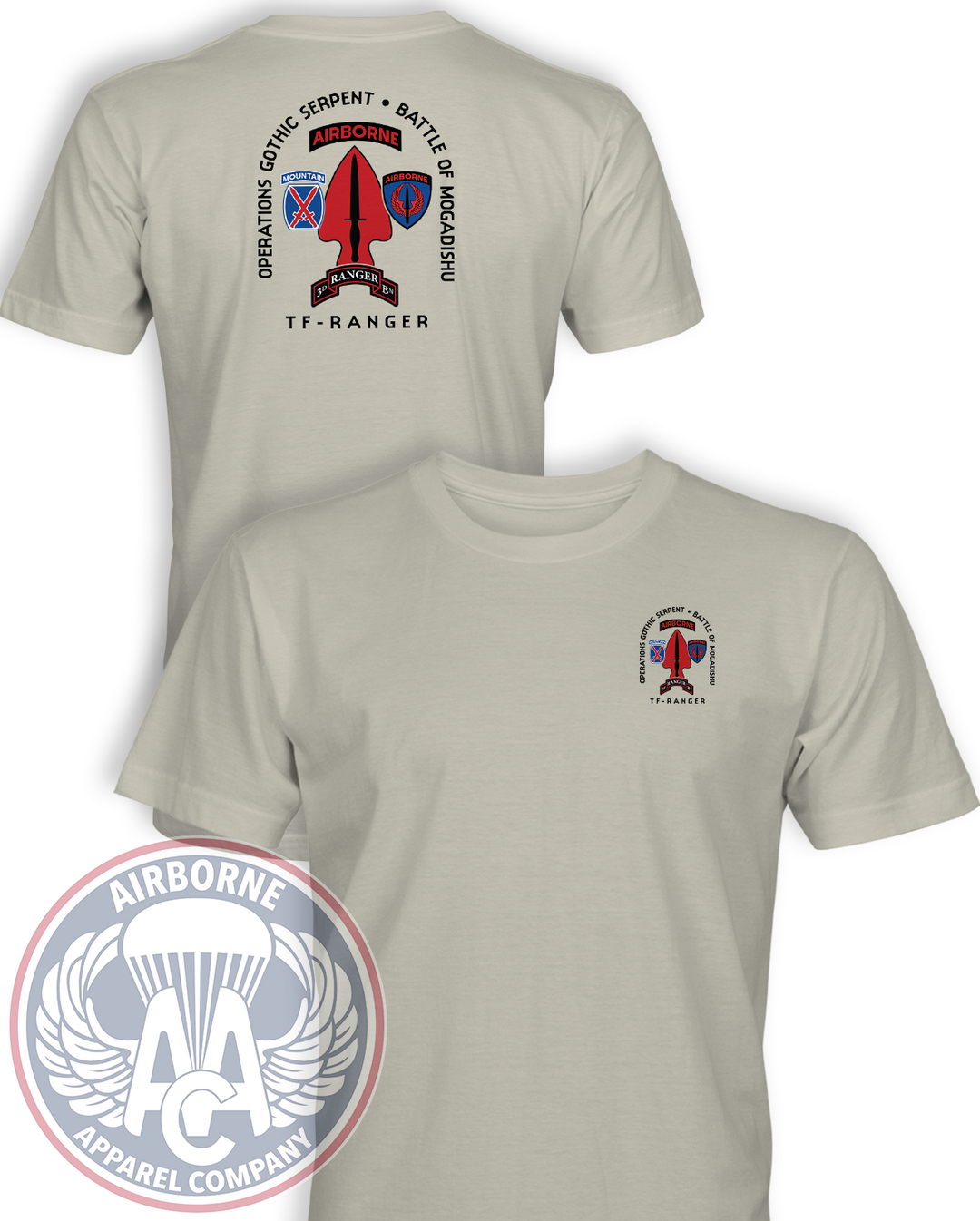 Operation Gothic Serpent Task Force Ranger Sand T-shirt, front and back