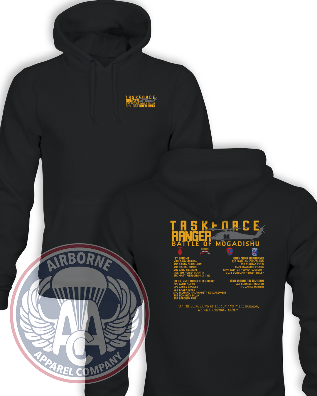 Battle of Mogadishu Fallen Champion hoodie, black, front and back
