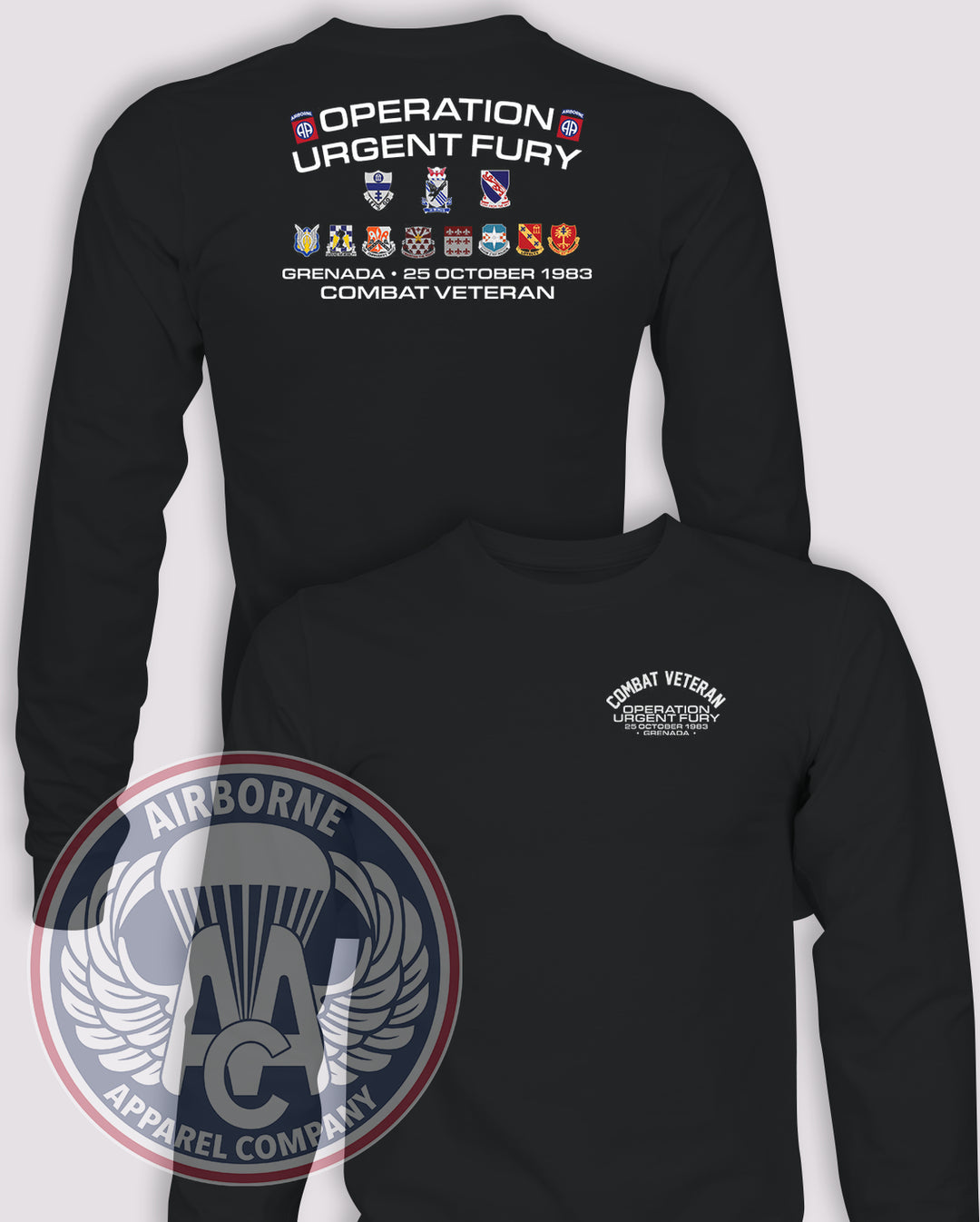 Urgent Fury 82nd Airborne Combat Veteran Long-Sleeve T-Shirt in Black, front and back artwork with unprinted sleeves