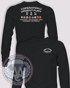 Urgent Fury 82nd Airborne Combat Veteran Long-Sleeve T-Shirt in Black, front and back artwork with unprinted sleeves