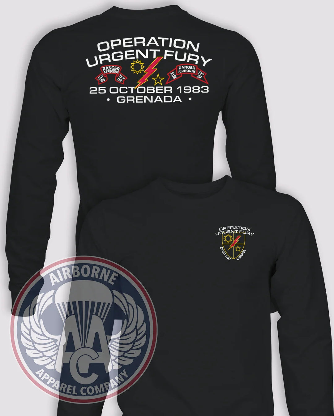 Urgent Fury Ranger Commemorative Long-Sleeve T-Shirt, Black, front and back views