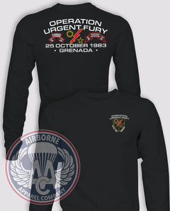 Urgent Fury Ranger Commemorative Long-Sleeve T-Shirt, Black, front and back views
