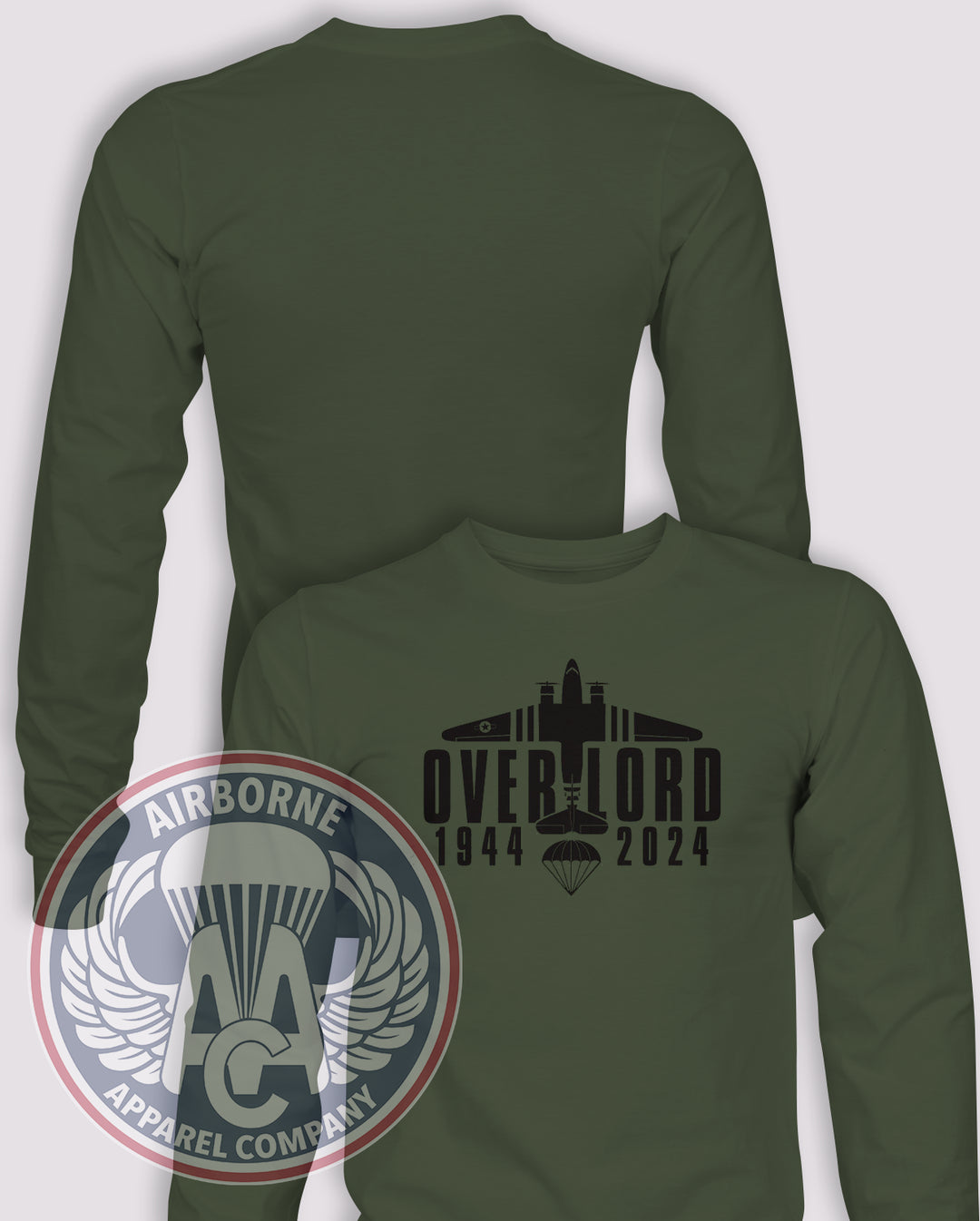 Overlord 80th Anniversary Long Sleeve T-shirt – OD Green – OVERLRD-001; front print, blank back and sleeves