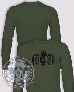 Overlord 80th Anniversary Long Sleeve T-shirt – OD Green – OVERLRD-001; front print, blank back and sleeves