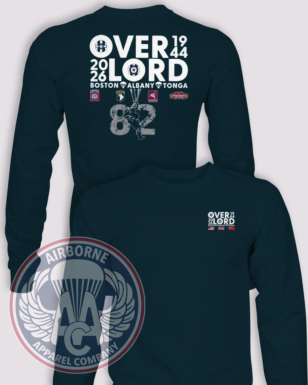 D-Day Operation Overlord 82nd Anniversary Long-Sleeve T-Shirt, Navy, front and back views