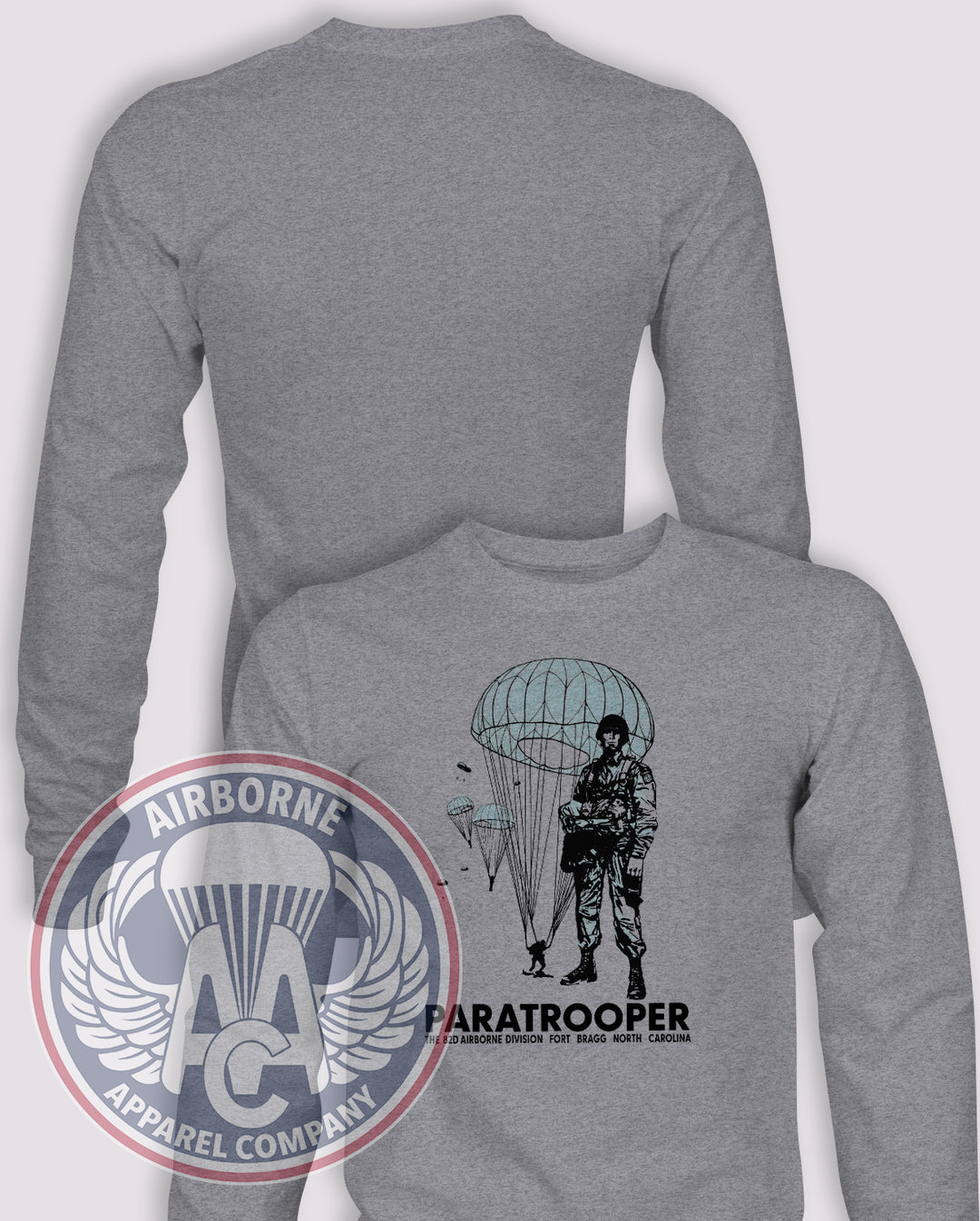 82nd 1970s Paratrooper Long Sleeve T-shirt in Heather Grey, front design with blank back and sleeves.