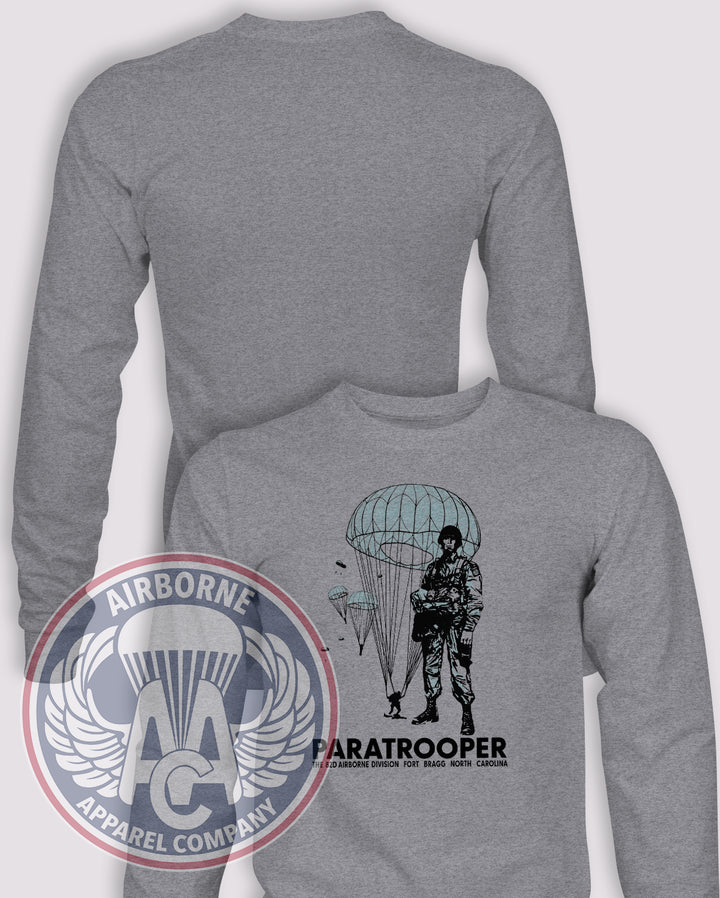 82nd 1970s Paratrooper Long Sleeve T-shirt in Heather Grey, front design with blank back and sleeves.