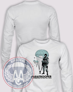 82nd 1970s Paratrooper Long Sleeve T-shirt in White, front design with blank back and sleeves.