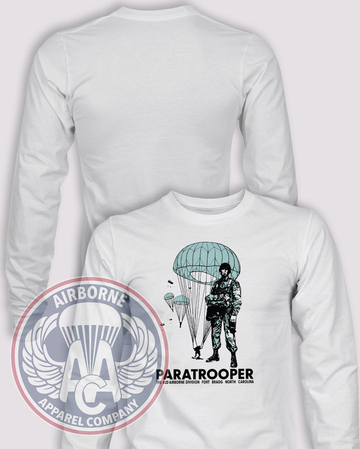 82nd 1970s Paratrooper Long Sleeve T-shirt in White, front design with blank back and sleeves.