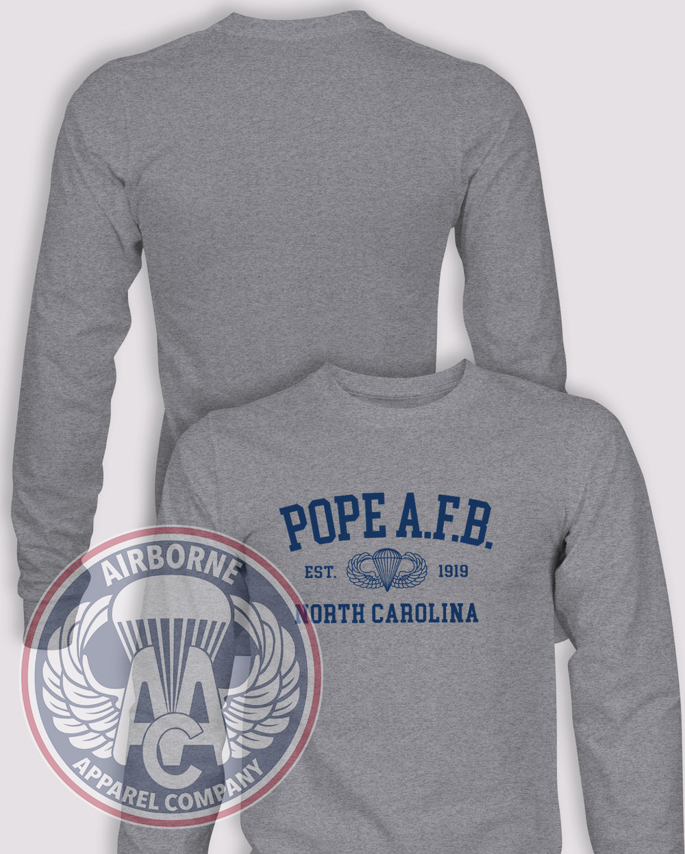 Pope Air Force Base Varsity Long Sleeve T-shirt in Heather Grey, front design with blank back and sleeves.