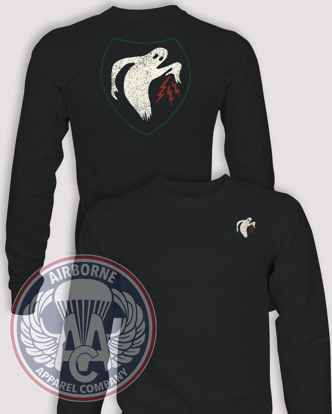 Distressed PSYOP Ghost Army Long-Sleeve T-Shirt, Black, front and back views