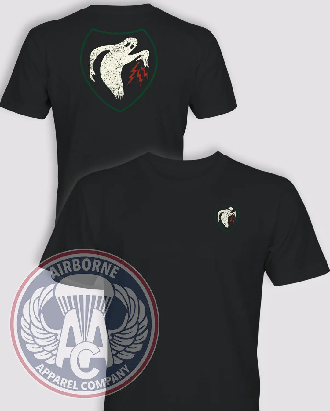 Distressed PSYOP Ghost Army black T-shirt, front and back views