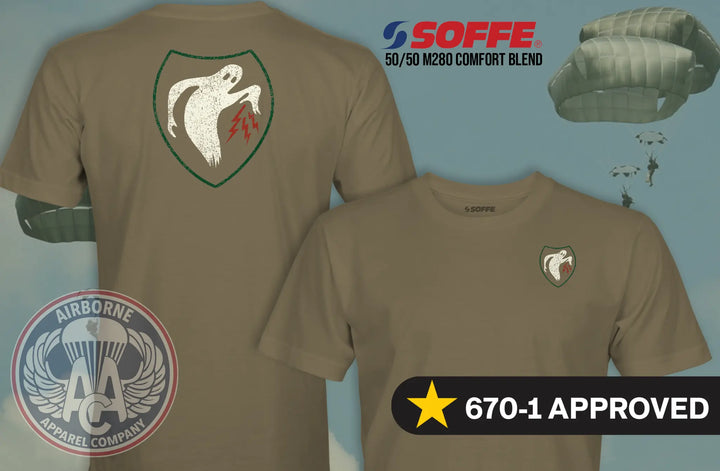 Distressed PSYOP Ghost Army 670-1 Coyote Brown T-shirt, front and back views