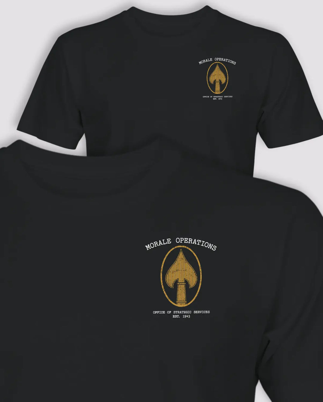 Classic Morale Operations MO black T-shirt honoring the OSS branch established in 1943