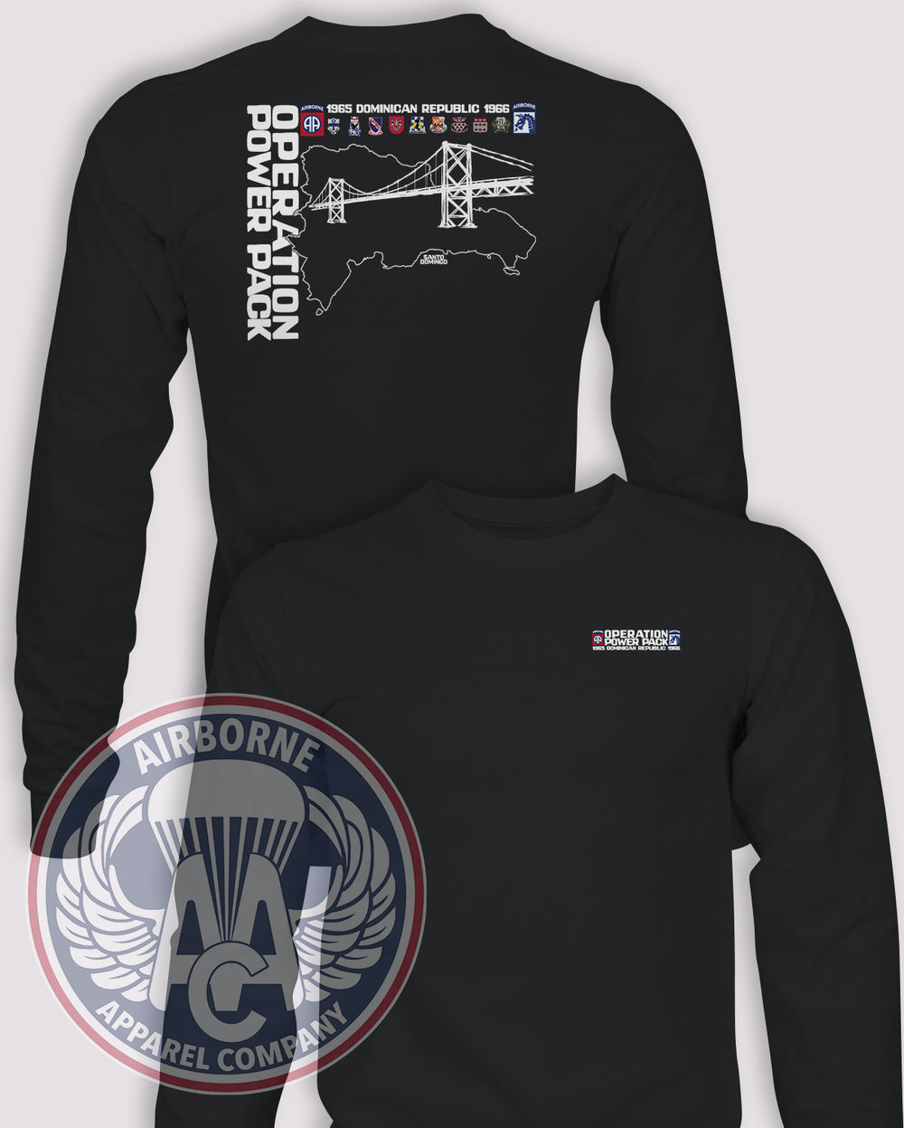 Operation Power Pack Long Sleeve T-Shirt in Black, front and back