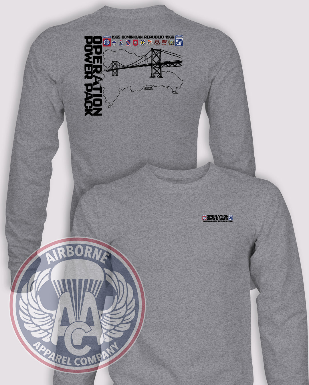 Operation Power Pack Long Sleeve T-Shirt in Heather Gray, front and back