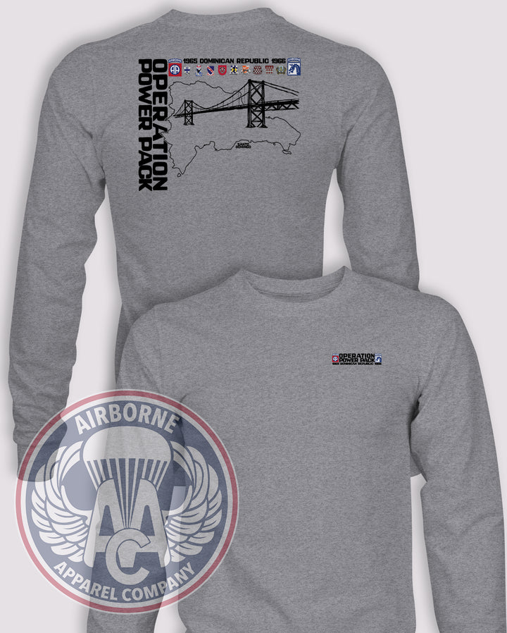 Operation Power Pack Long Sleeve T-Shirt in Heather Gray, front and back