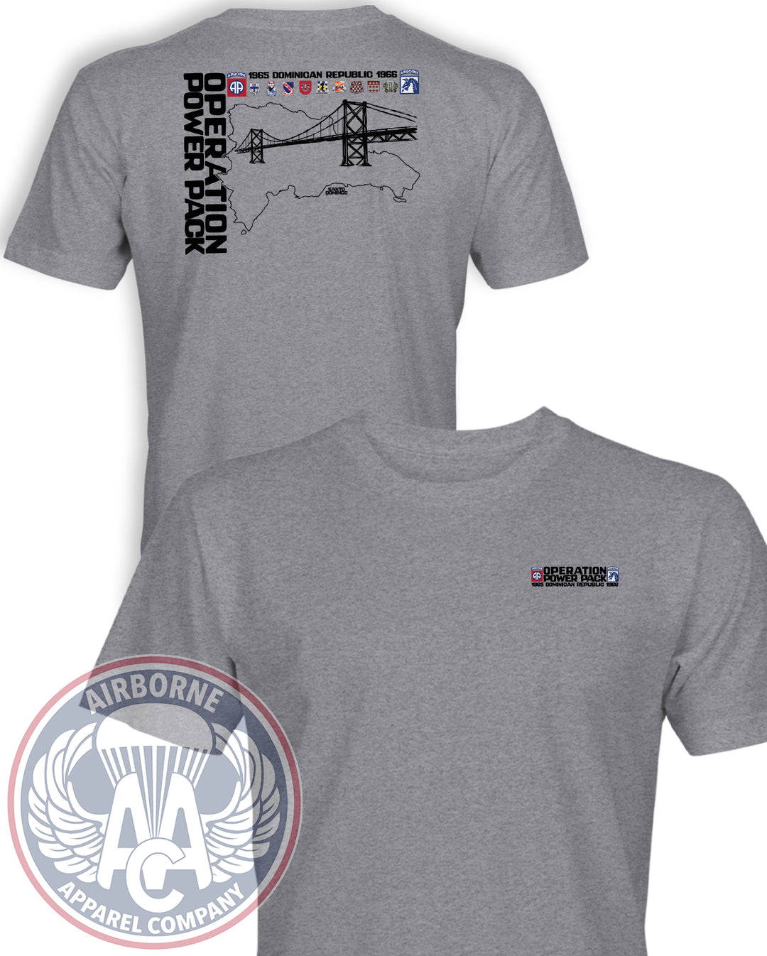 Operation Power Pack T-Shirt in Heather Gray, front and back