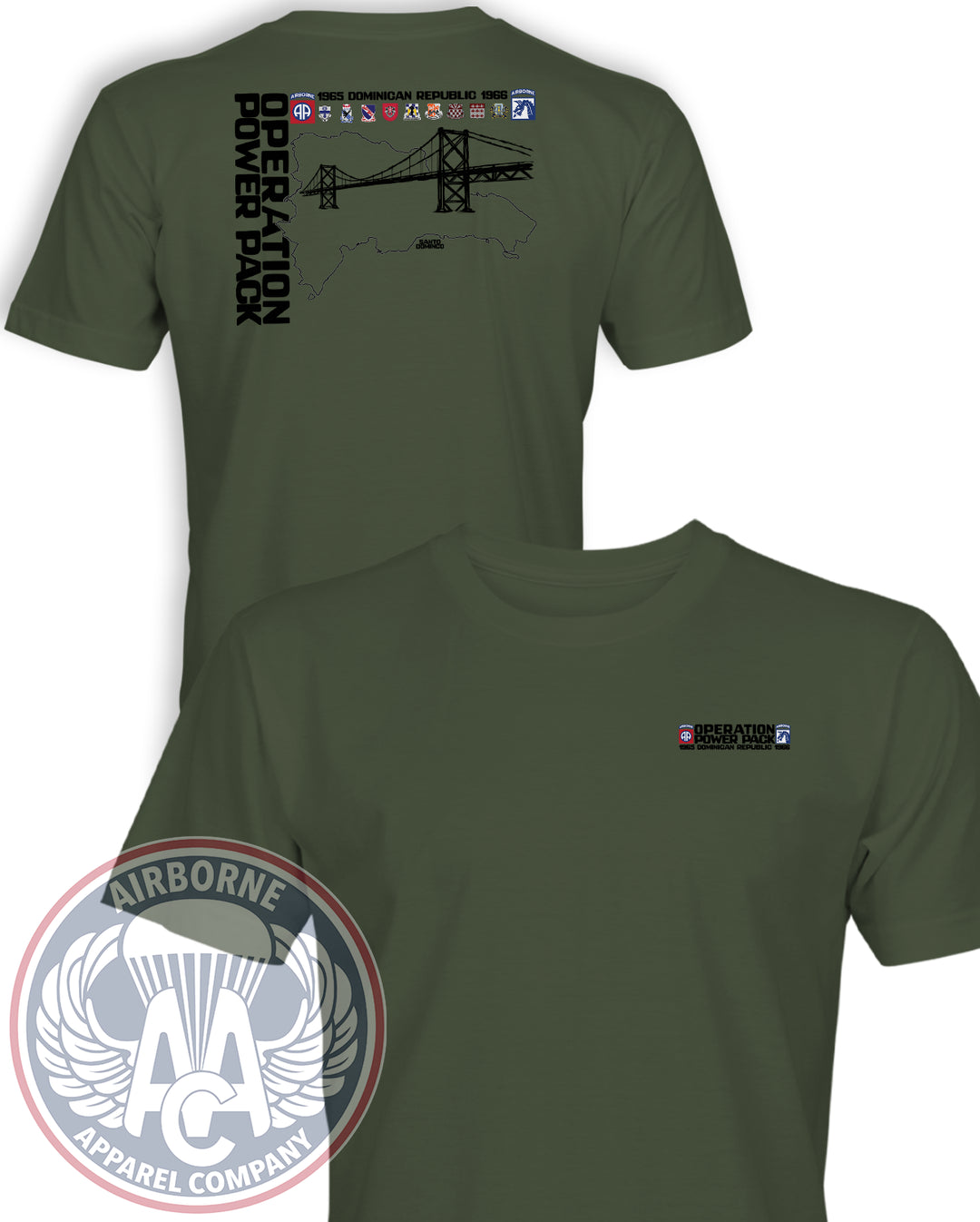 Operation Power Pack T-Shirt in Olive Drab, front and back