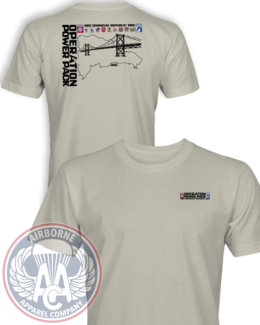 Operation Power Pack T-Shirt in Sand, front and back