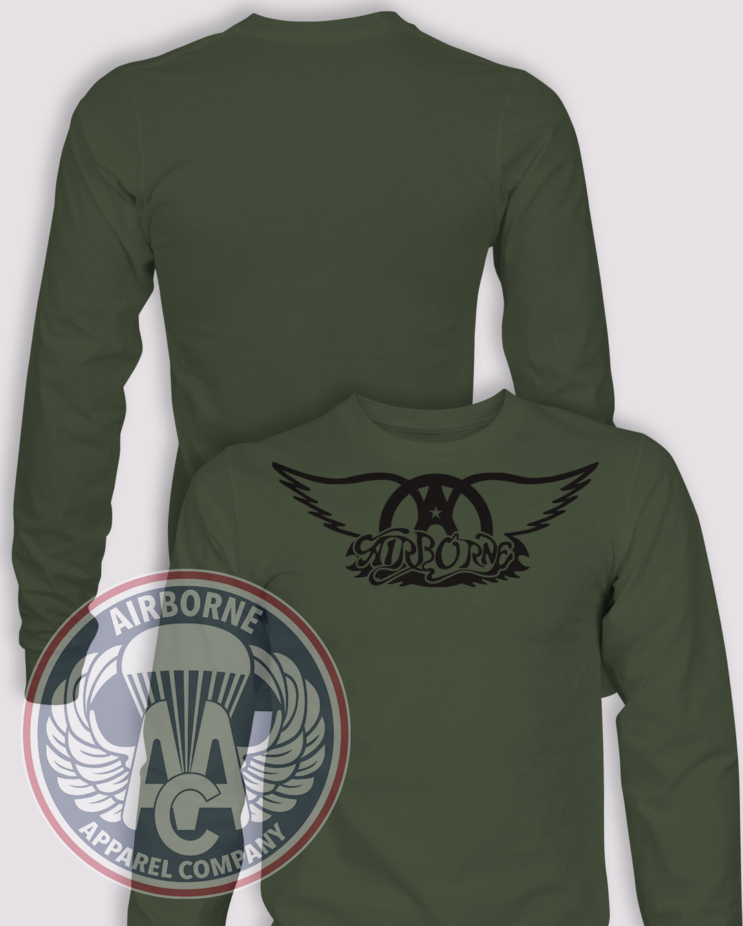 Aeroborne Long Sleeve T-shirt in OD Green, front design with blank back and sleeves.