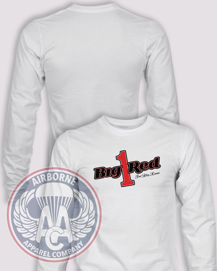 Big Red One Long Sleeve T-shirt – White – REBRND-006; front print, blank back and sleeves