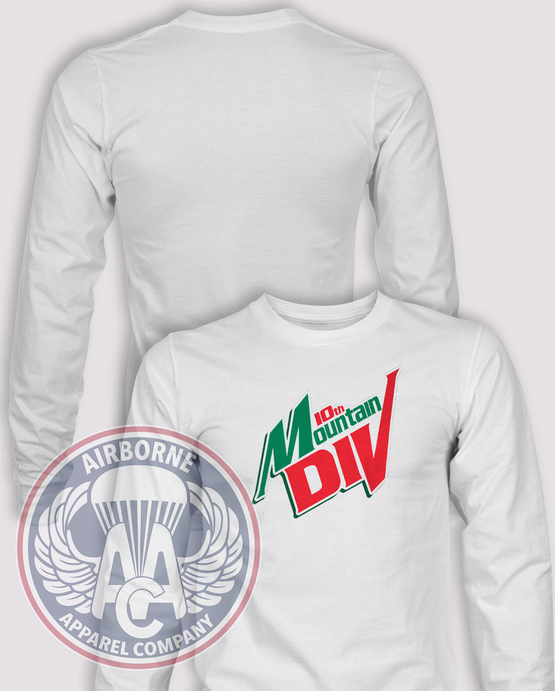 Dew the Div! 10th Mountain Division Long-Sleeve T-Shirt, White, front graphic and blank back; unprinted sleeves