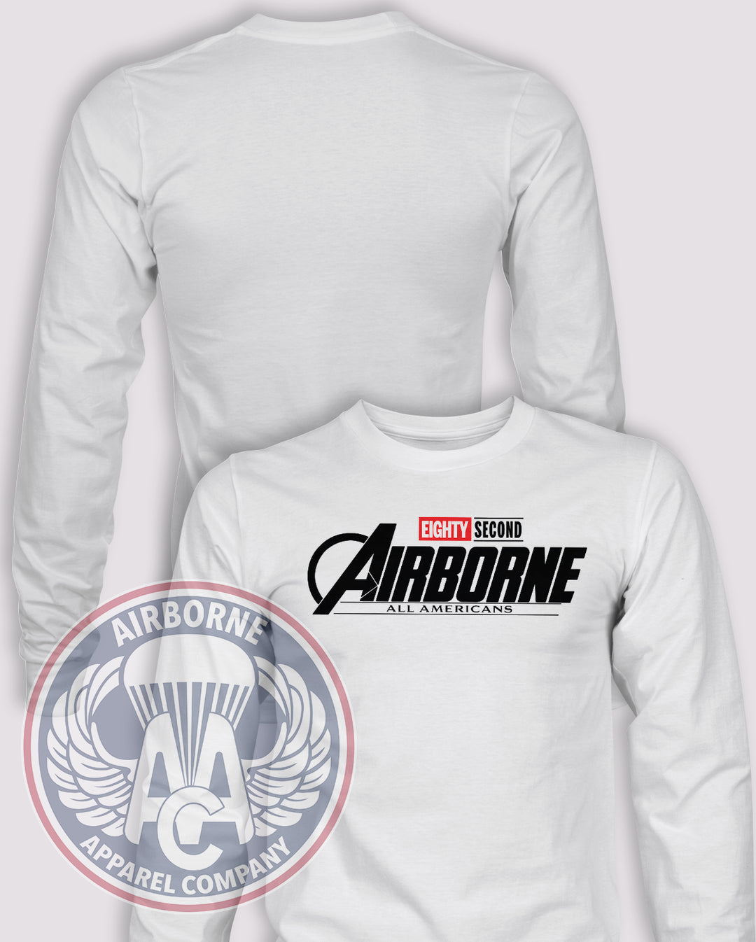 82nd Avengers: The Age of Airborne Long Sleeve T-shirt in White, front design with blank back and sleeves.