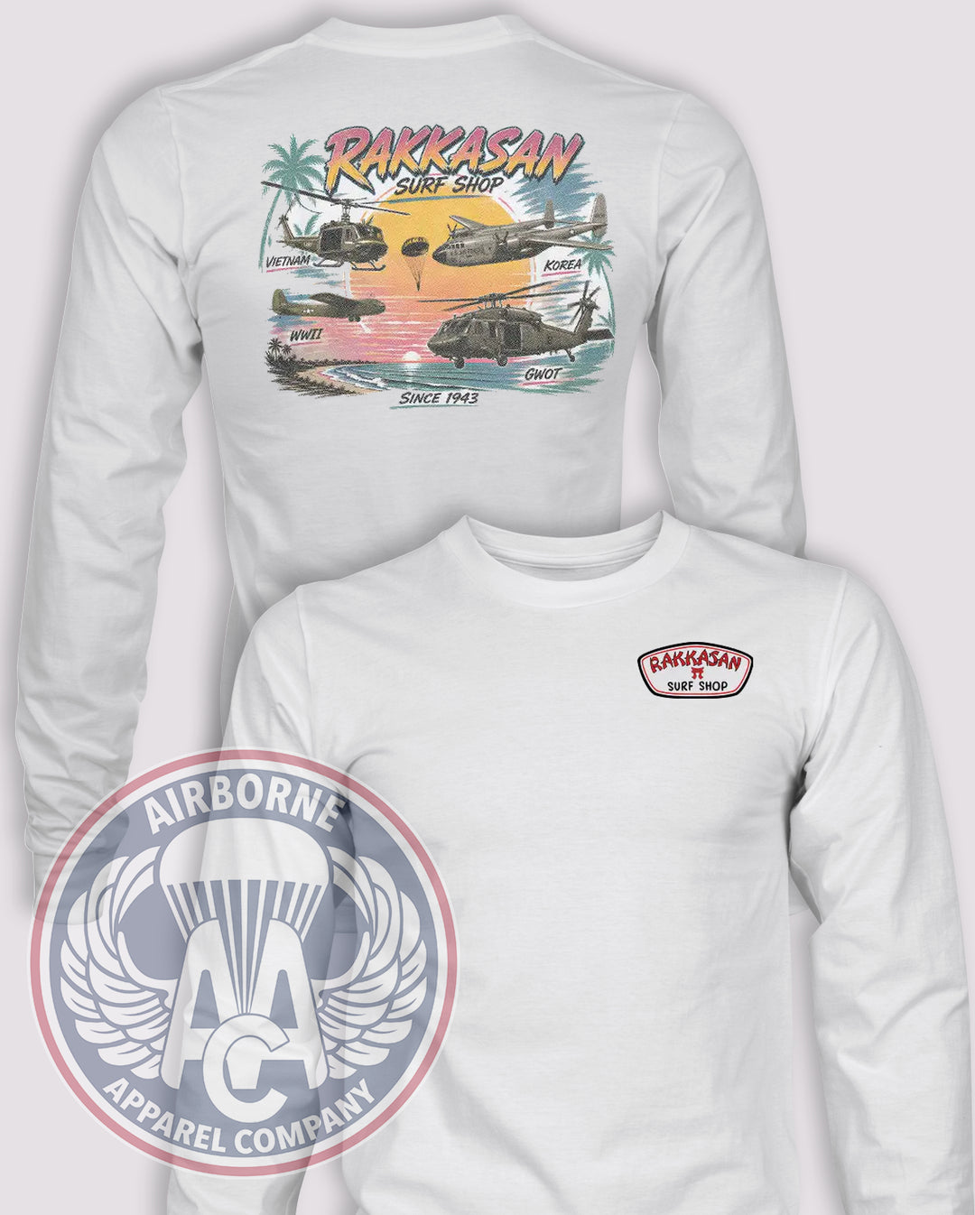 Rakkasan Surf Shop Long-Sleeve T-Shirt, White, front and back views