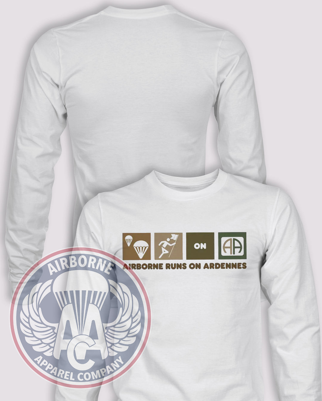 Airborne Runs on Ardennes Long Sleeve T-shirt in White, front design with blank back and sleeves.