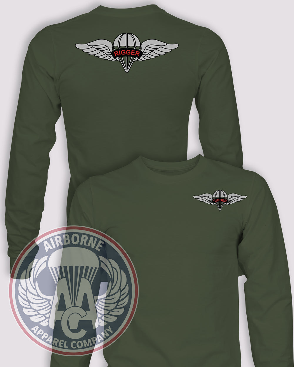 U.S. Army Parachute Rigger Long-Sleeve T-Shirt, OD Green, front and back views