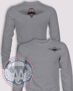 U.S. Army Parachute Rigger Long-Sleeve T-Shirt, Heather Grey, front and back views