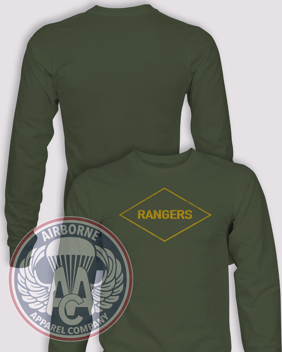 WWII Army Ranger Diamond Long Sleeve T-shirt – OD Green – RLTW-001; front print, blank back and sleeves