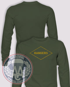 WWII Army Ranger Diamond Long Sleeve T-shirt – OD Green – RLTW-001; front print, blank back and sleeves