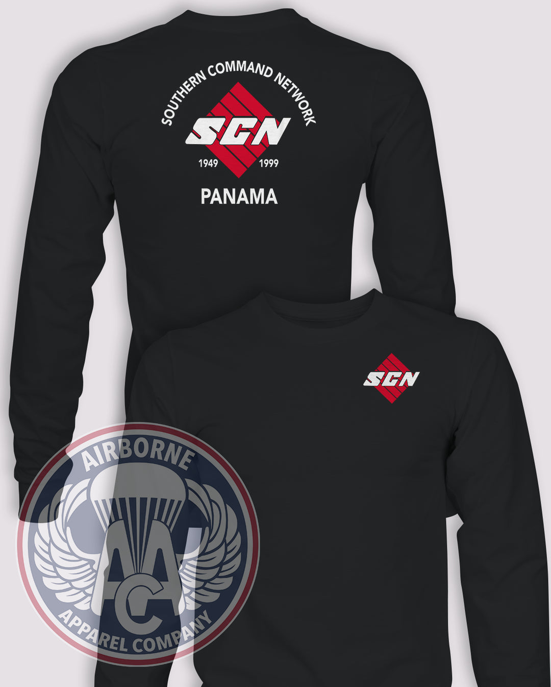 Southern Command Network SCN Long-Sleeve T-Shirt, Black, front and back views