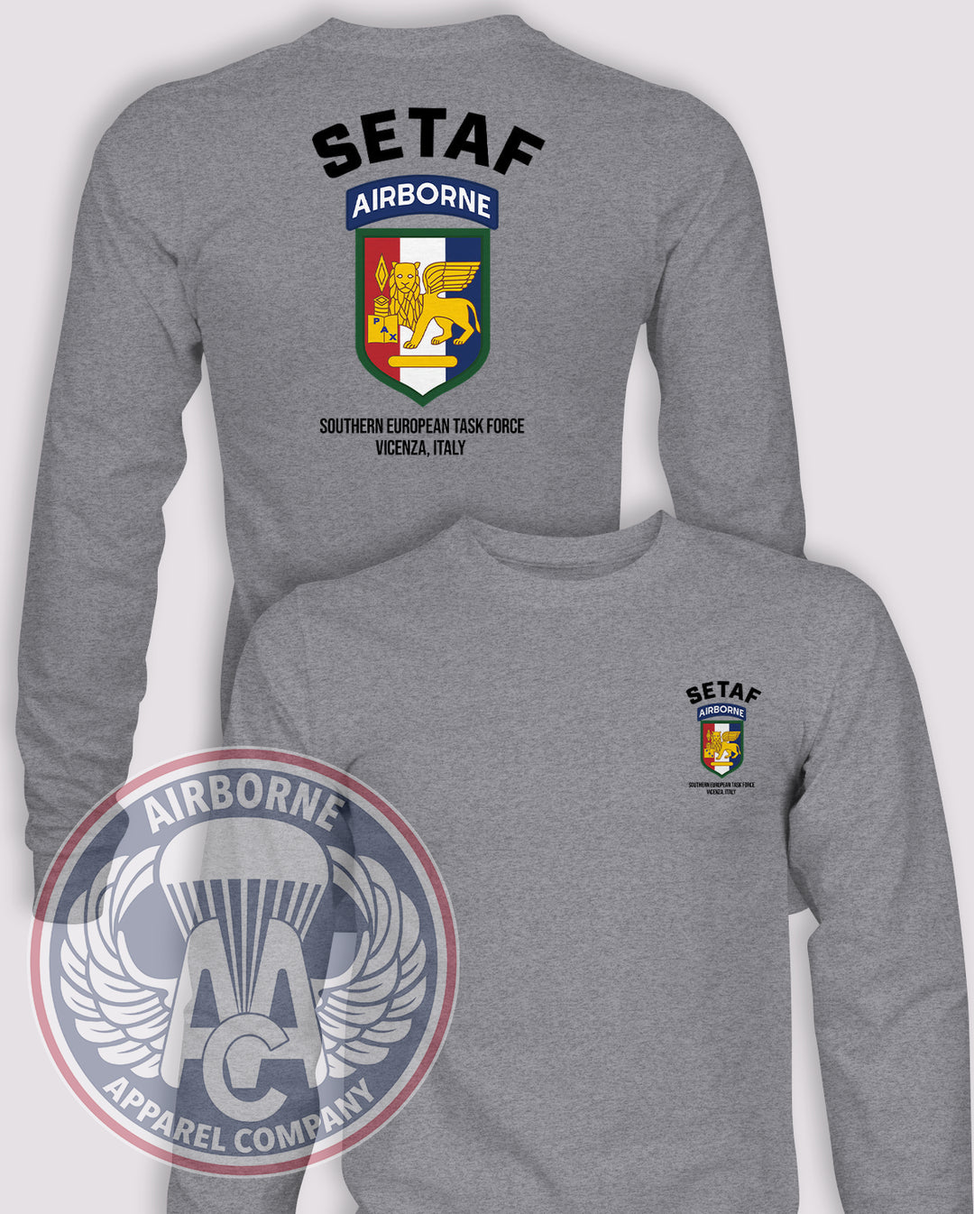 Southern European Task Force SETAF Long-Sleeve T-Shirt, Heather Grey, front and back views